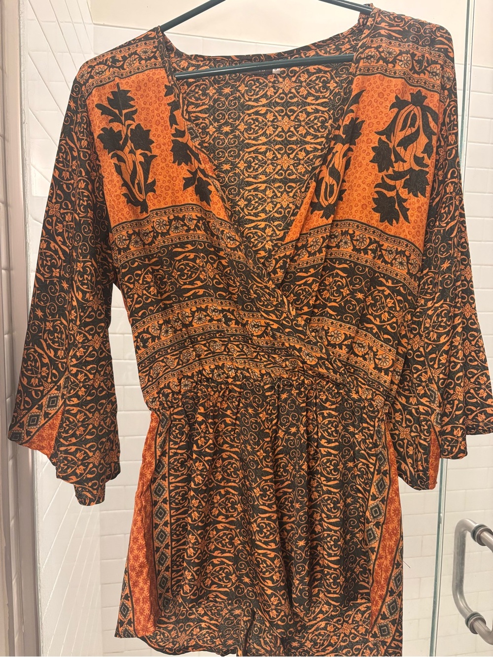 Women's Earthbound Orange and Black Printed Wrap Romper BOHO